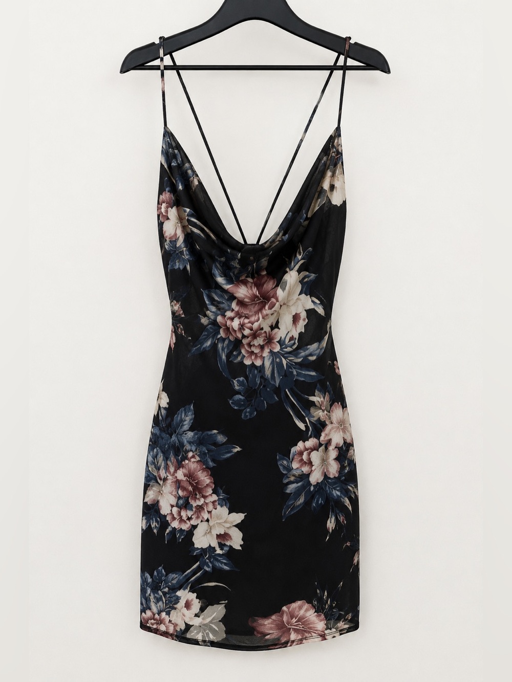 Floral Black Cowl Neck Mini Dress